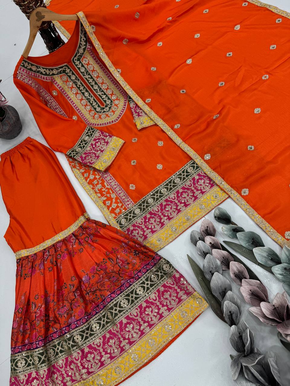 Ravishing Orange Chinon Silk with Mirror Work Sharara Suit