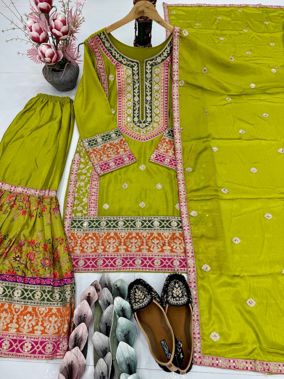 Ravishing Orange Chinon Silk with Mirror Work Sharara Suit