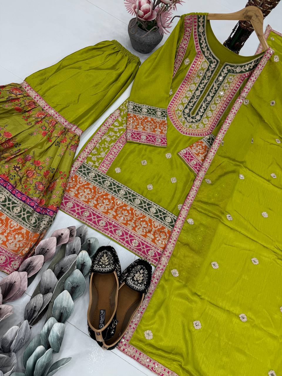 Ravishing Orange Chinon Silk with Mirror Work Sharara Suit
