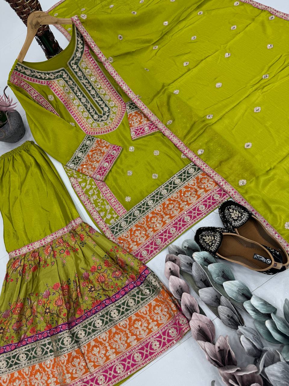 Ravishing Orange Chinon Silk with Mirror Work Sharara Suit