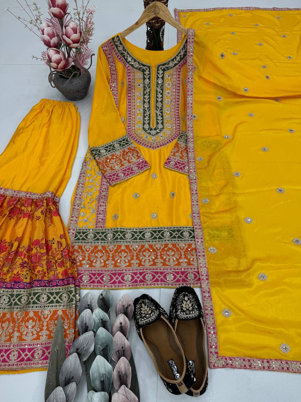 Ravishing Orange Chinon Silk with Mirror Work Sharara Suit