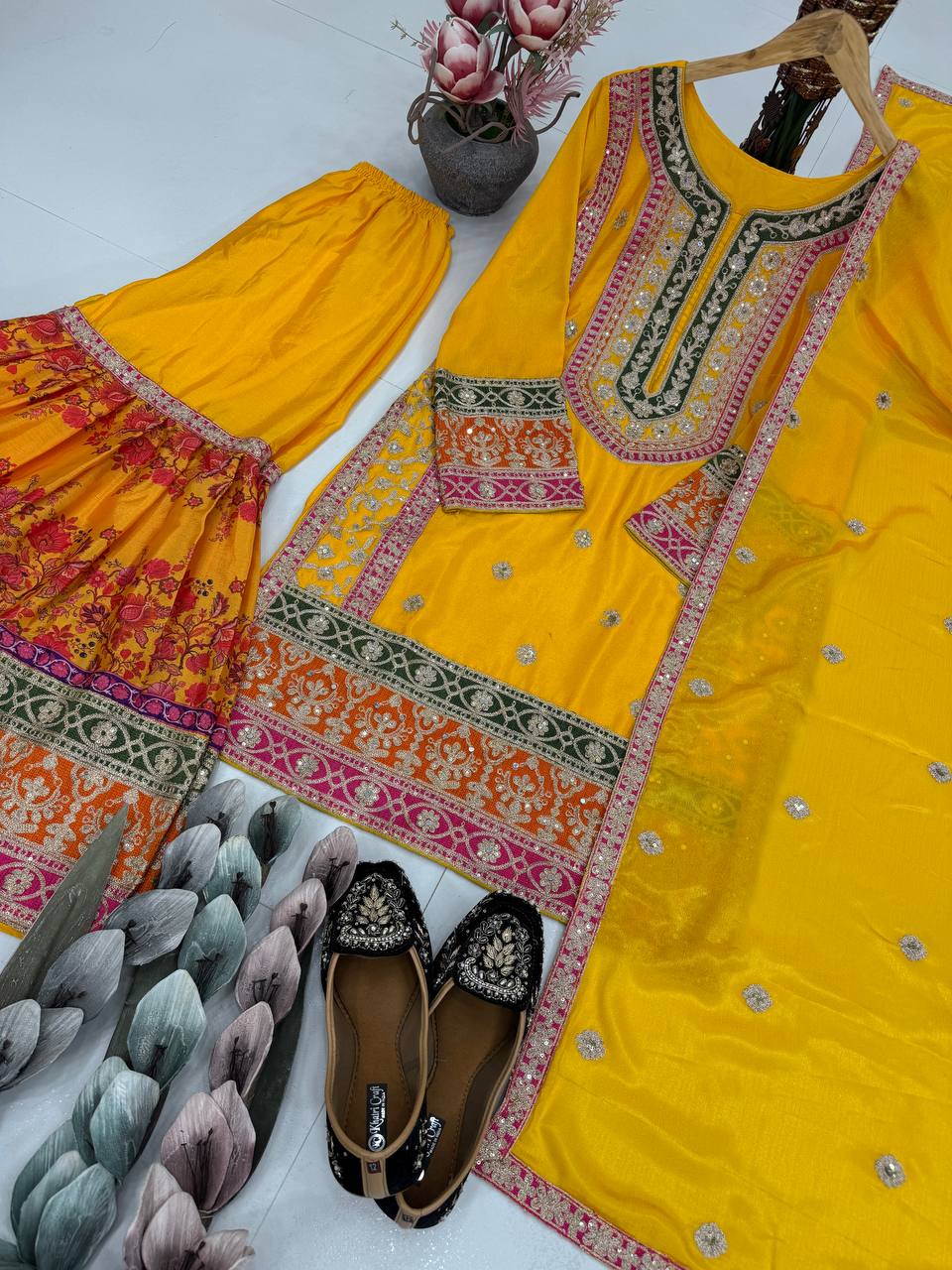 Ravishing Orange Chinon Silk with Mirror Work Sharara Suit