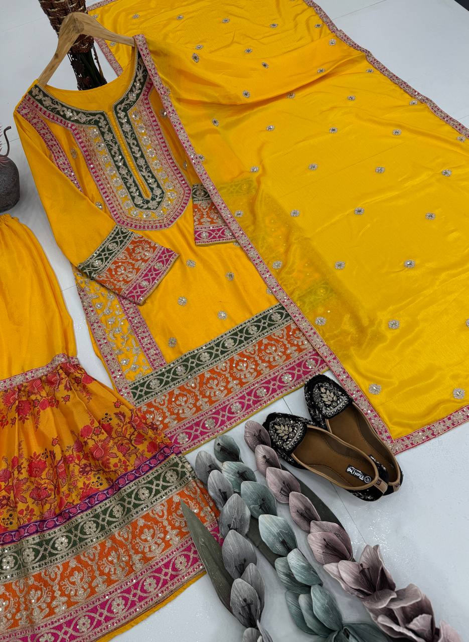 Ravishing Orange Chinon Silk with Mirror Work Sharara Suit