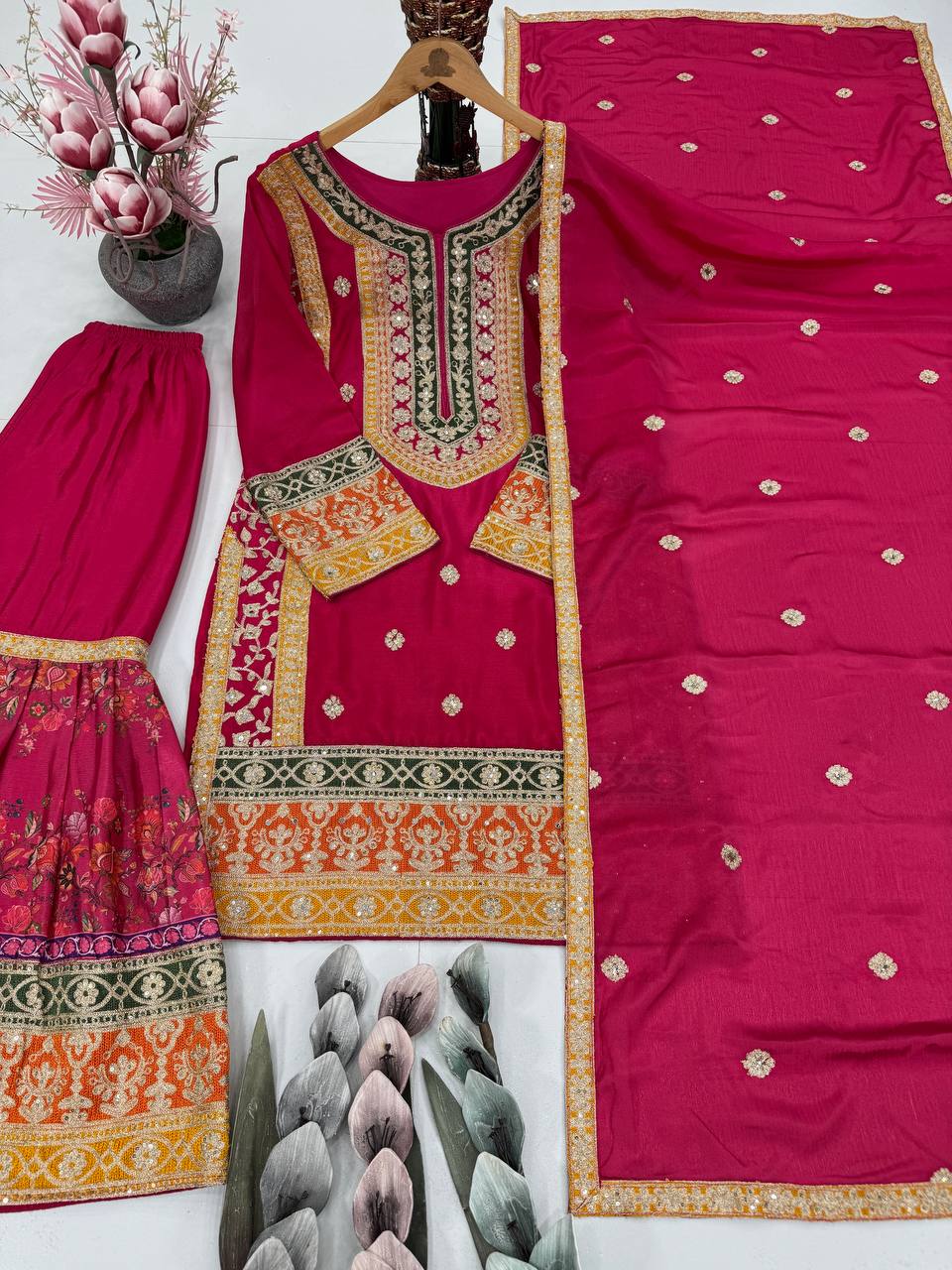 Ravishing Orange Chinon Silk with Mirror Work Sharara Suit