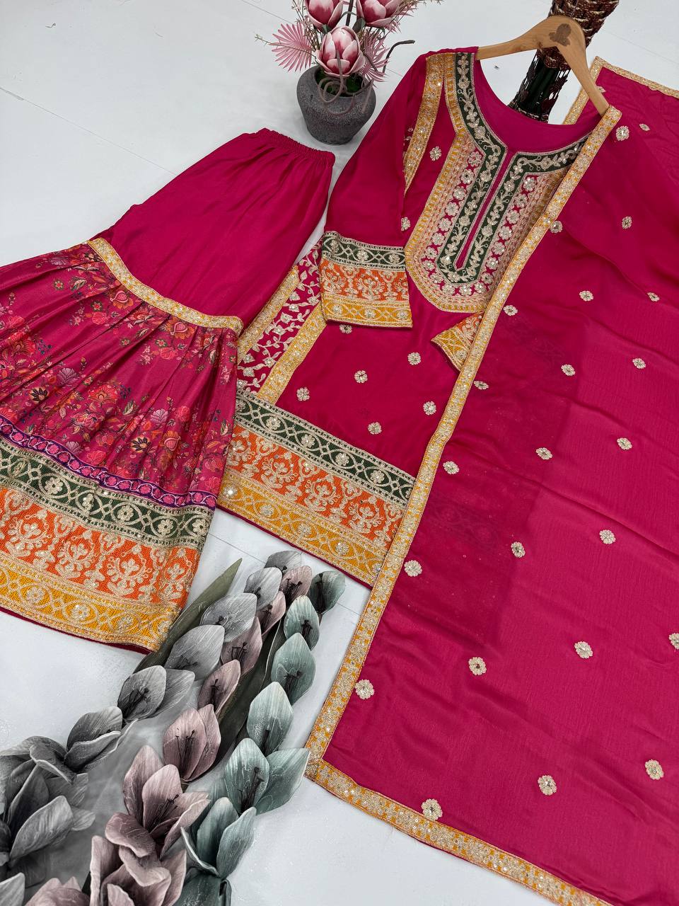Ravishing Orange Chinon Silk with Mirror Work Sharara Suit