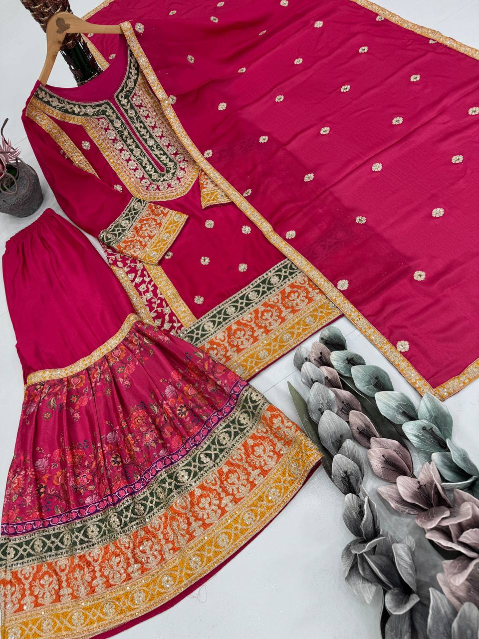 Ravishing Orange Chinon Silk with Mirror Work Sharara Suit
