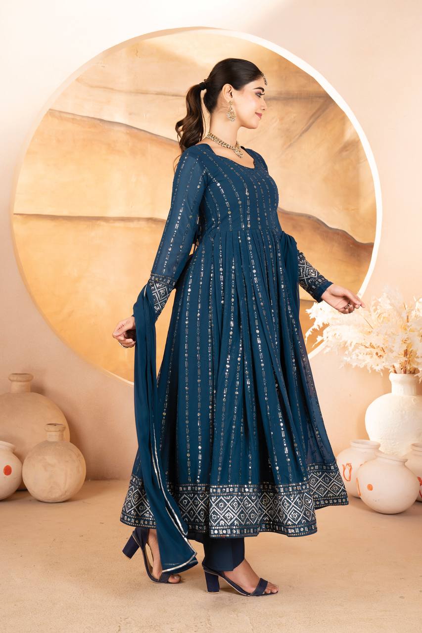 Ravishing Rama Blue Faux Blooming Work Anarkali Suit With Palazzo