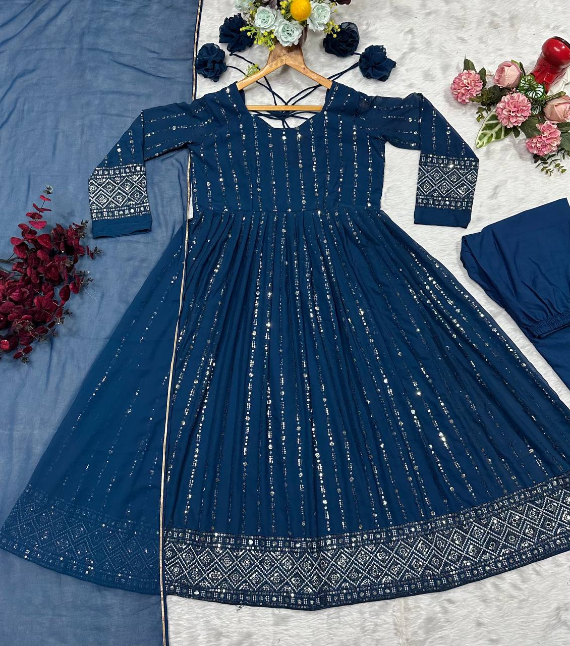 Ravishing Rama Blue Faux Blooming Work Anarkali Suit With Palazzo