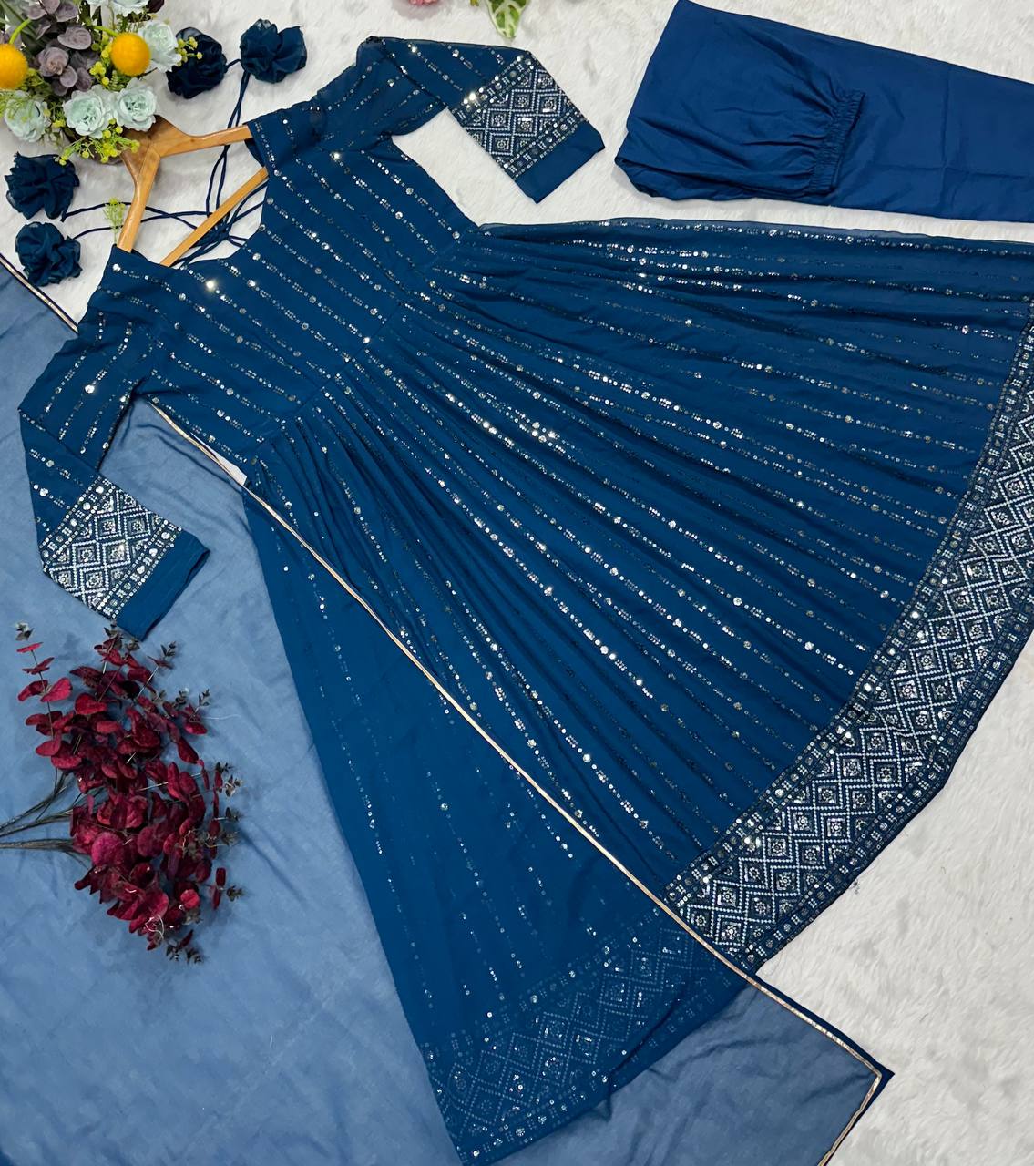 Ravishing Rama Blue Faux Blooming Work Anarkali Suit With Palazzo