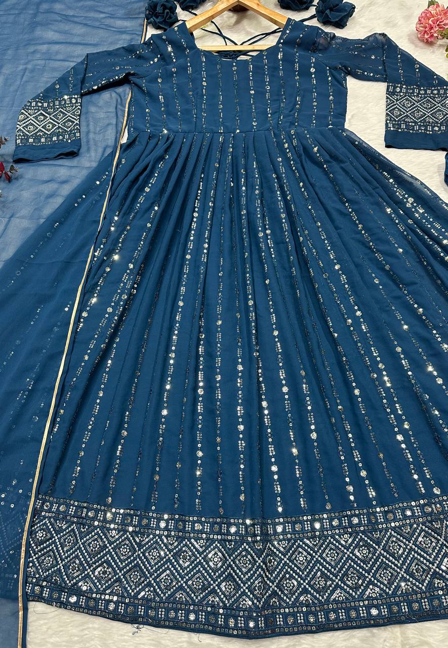 Ravishing Rama Blue Faux Blooming Work Anarkali Suit With Palazzo
