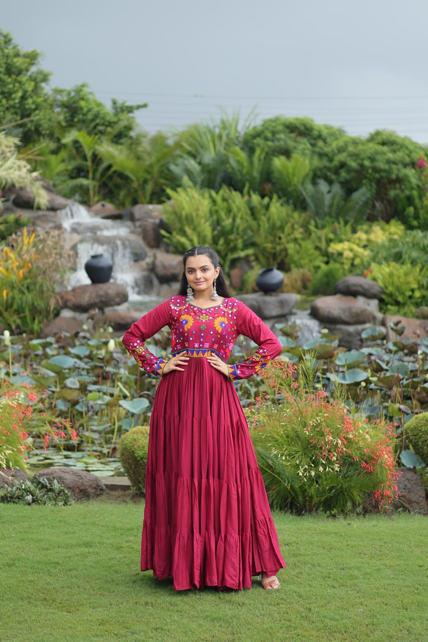 Gorgeous Maroon Reyon Kutchi Work Gown