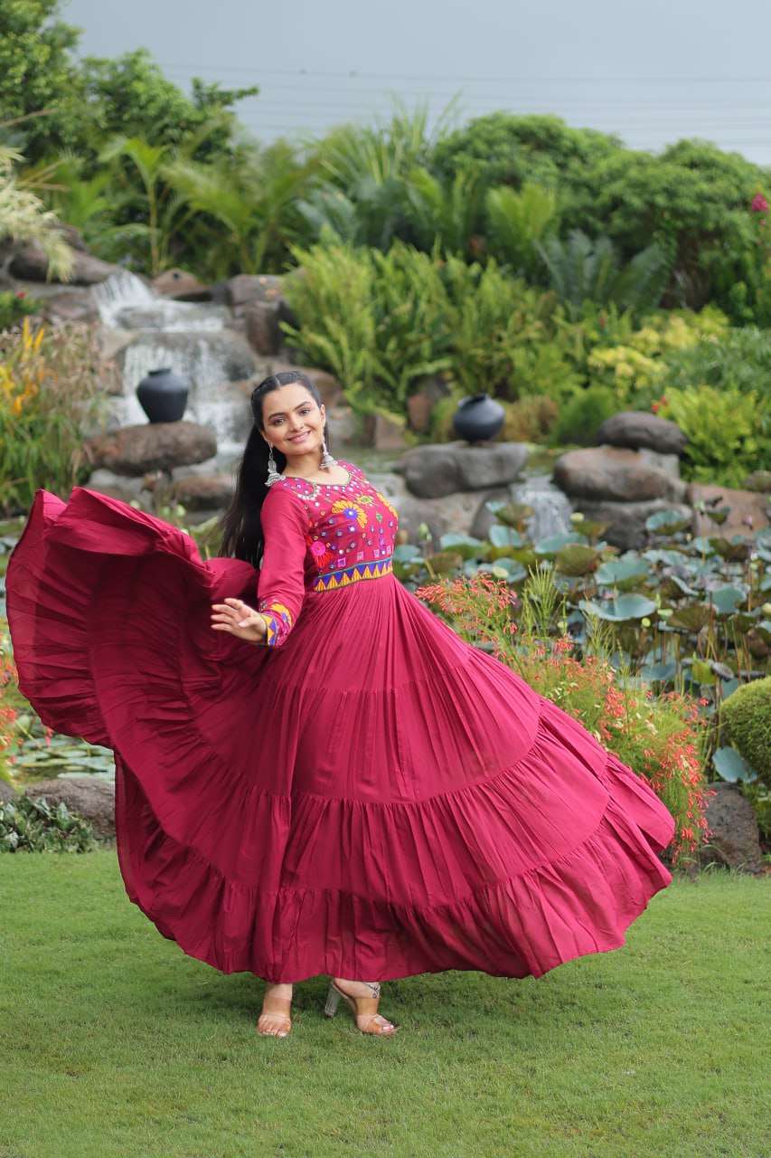 Gorgeous Maroon Reyon Kutchi Work Gown
