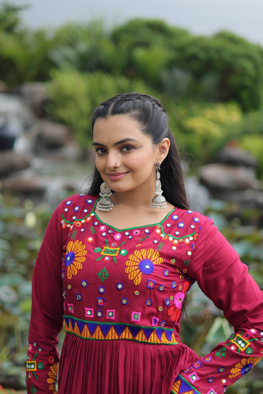 Gorgeous Maroon Reyon Kutchi Work Gown