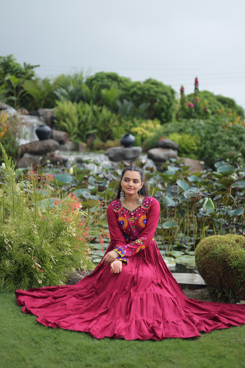 Gorgeous Maroon Reyon Kutchi Work Gown