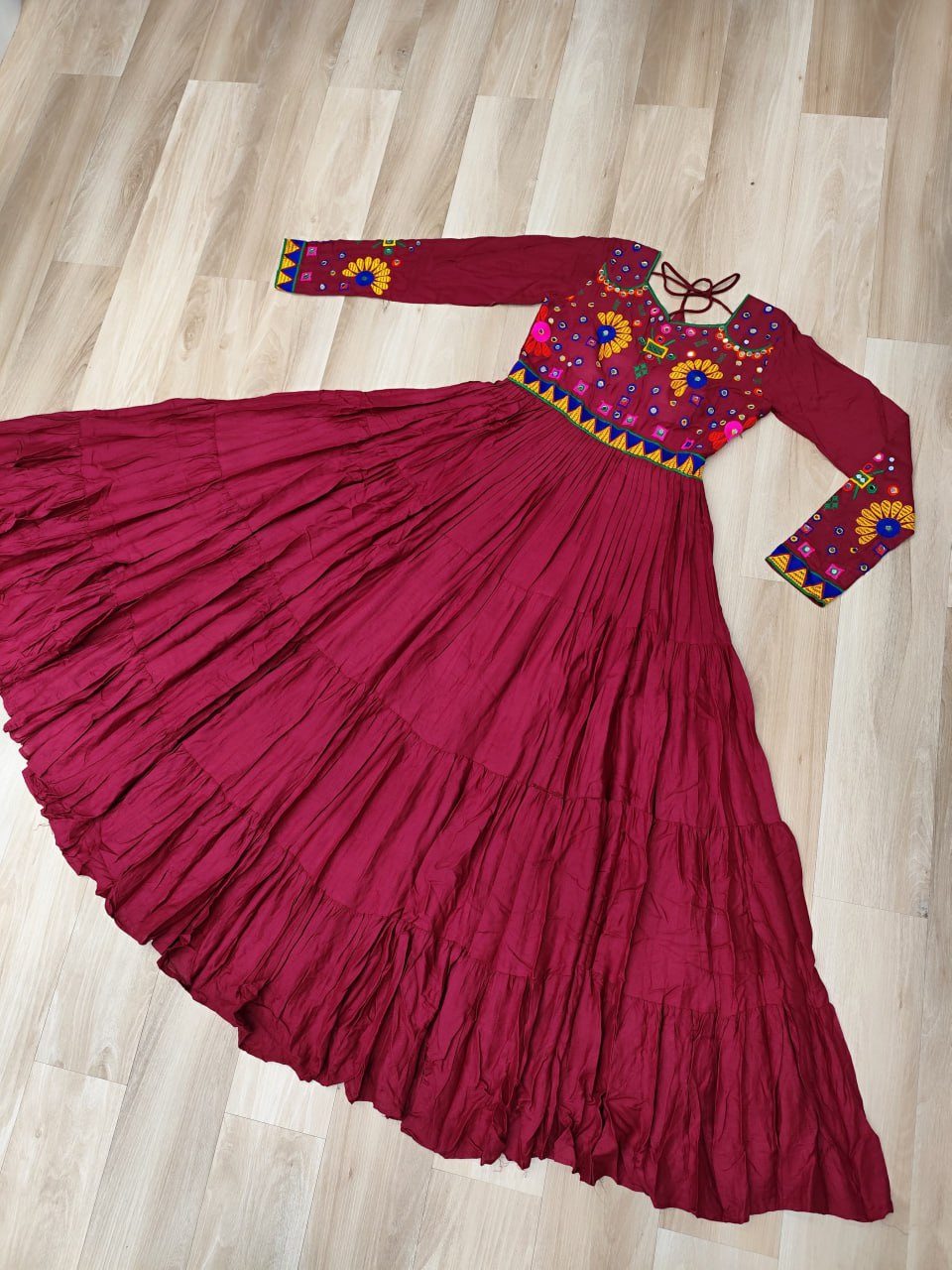 Gorgeous Maroon Reyon Kutchi Work Gown
