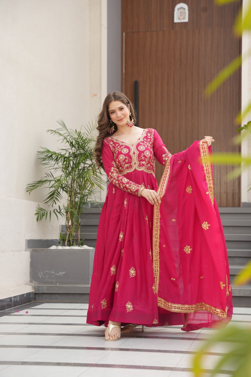 Attractive Pink Georgette Embroidery Work Gown