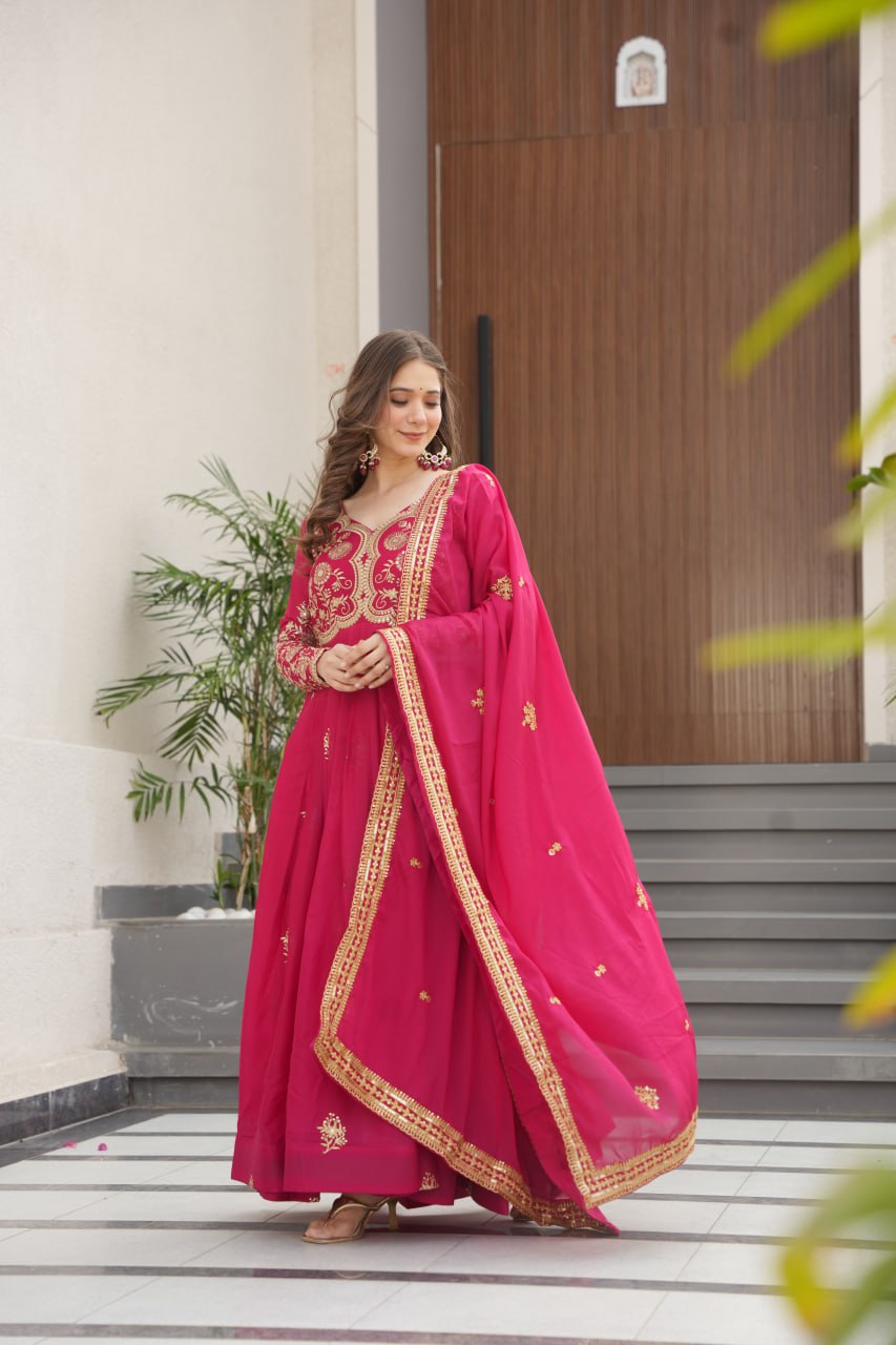 Attractive Pink Georgette Embroidery Work Gown