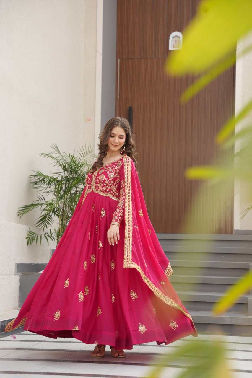 Attractive Pink Georgette Embroidery Work Gown
