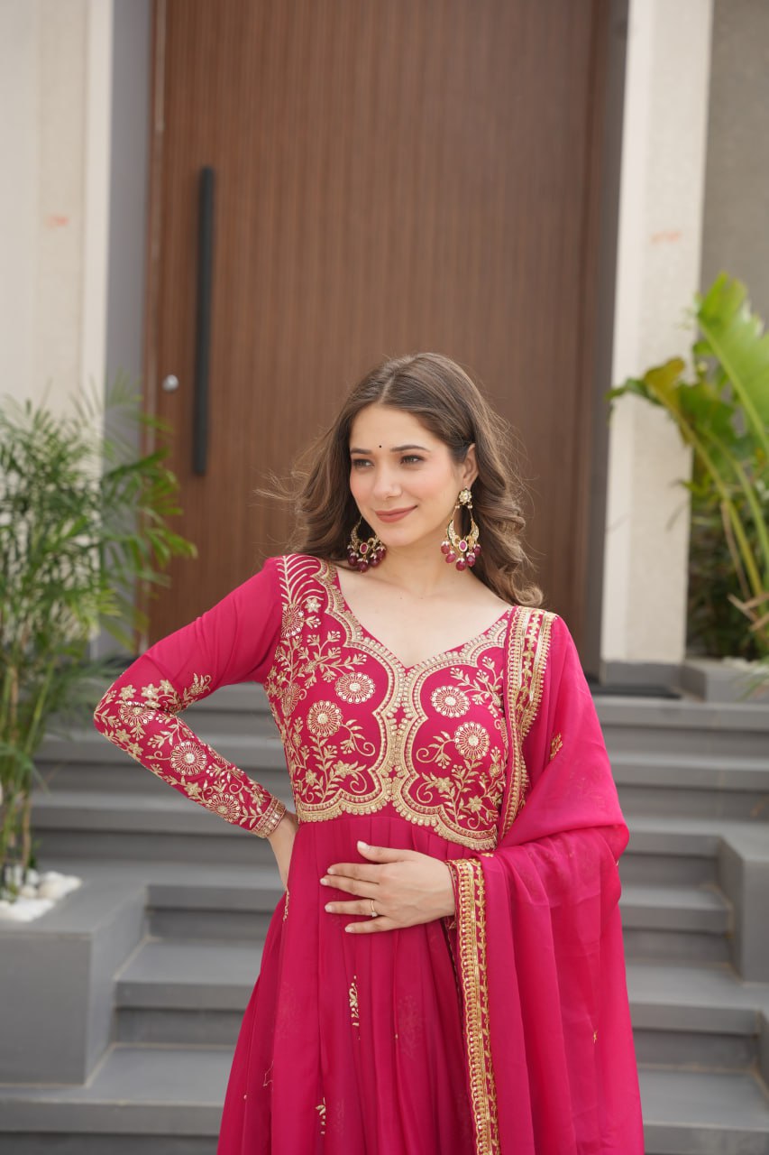 Attractive Pink Georgette Embroidery Work Gown