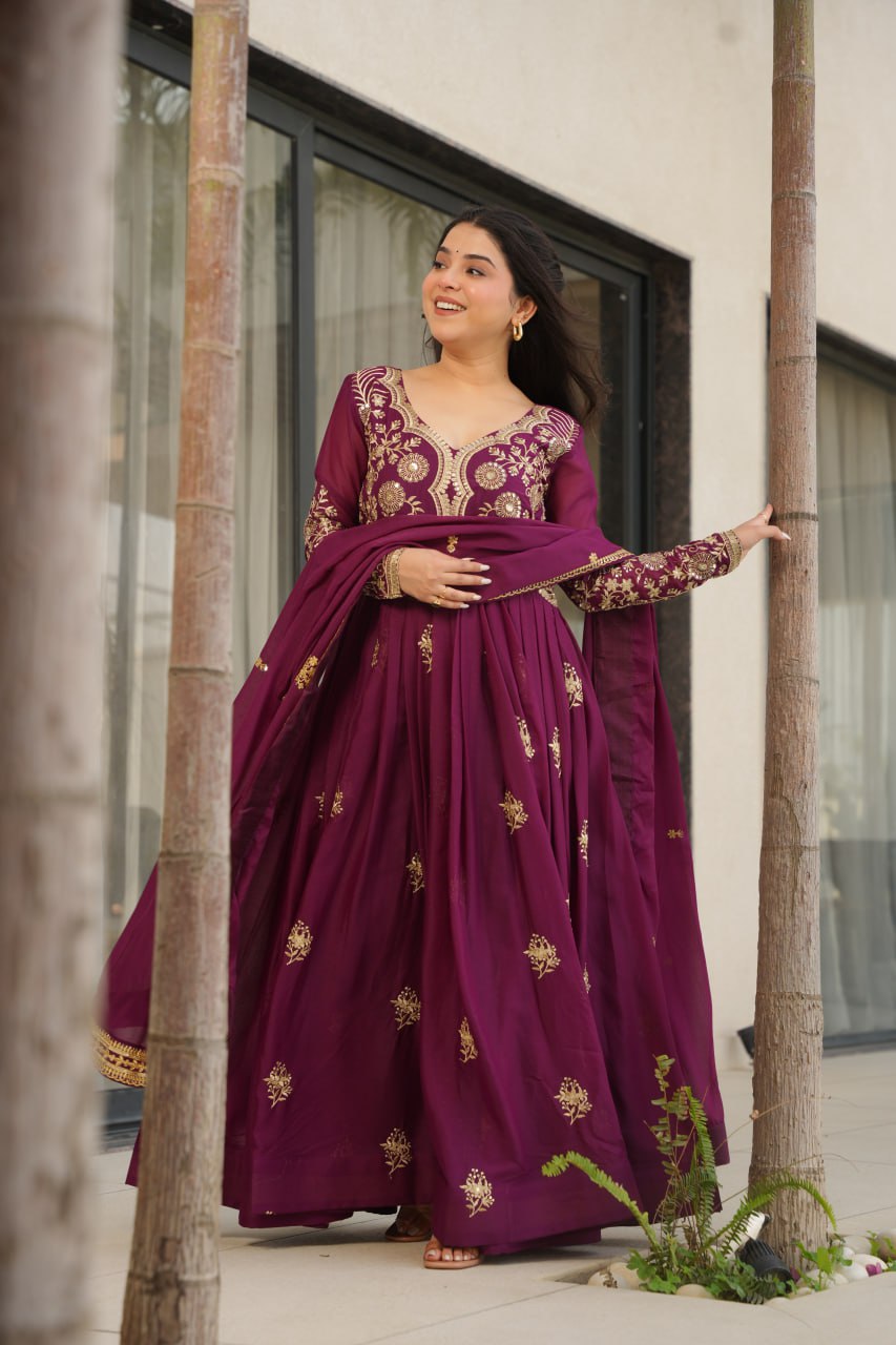 Attractive Pink Georgette Embroidery Work Gown