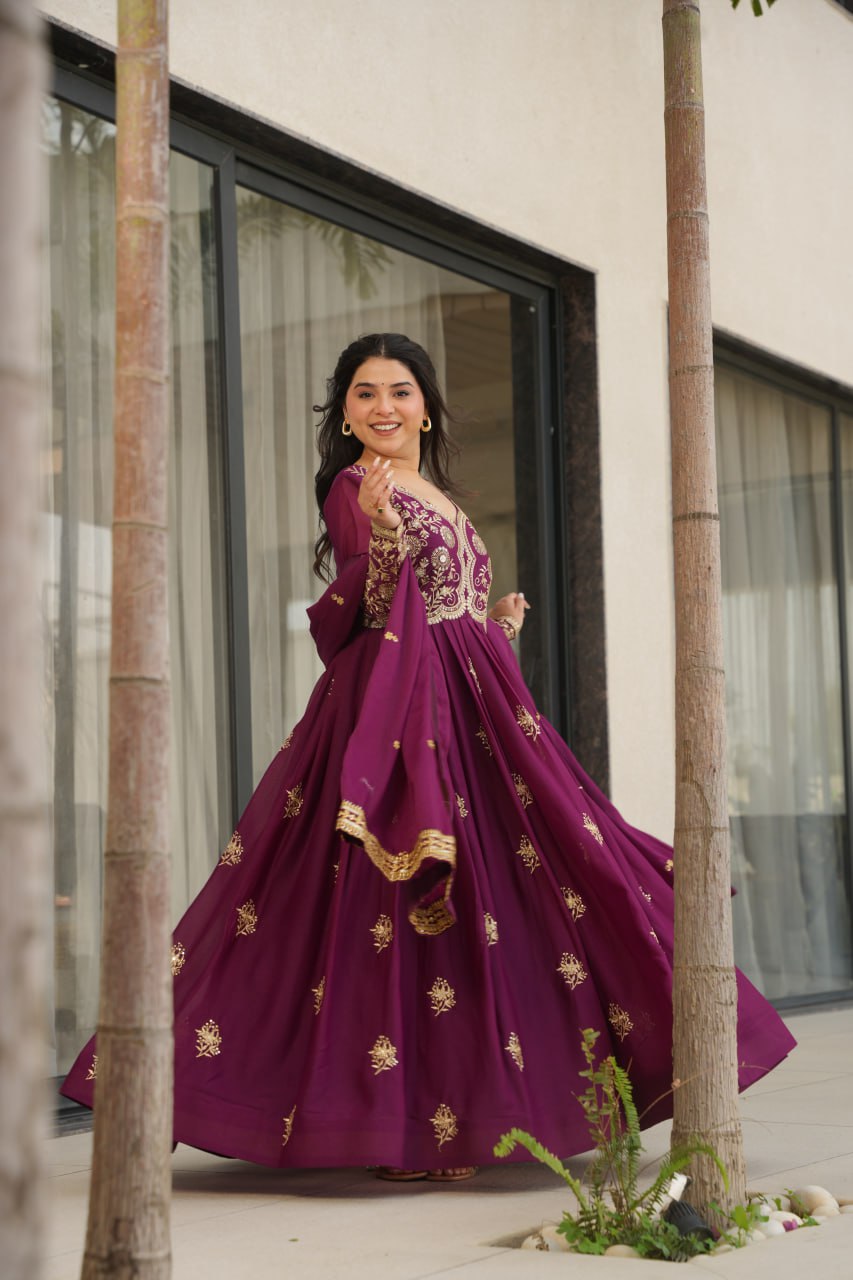 Attractive Pink Georgette Embroidery Work Gown