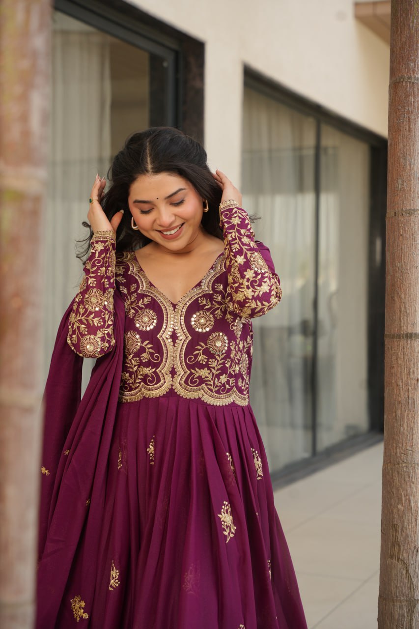 Attractive Pink Georgette Embroidery Work Gown