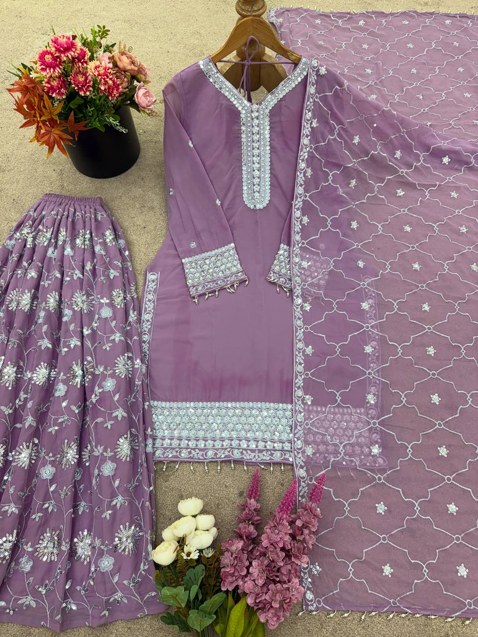 Alluring Pink Georgette Embroidery Plazzo Suit