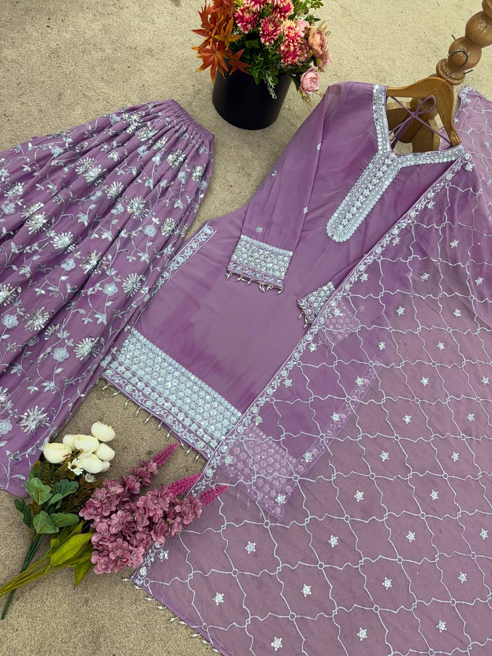 Alluring Pink Georgette Embroidery Plazzo Suit