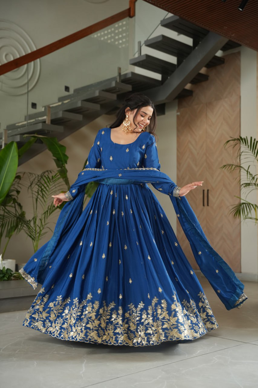 Ravishing Blue Chinnon Zari  Designer Gown
