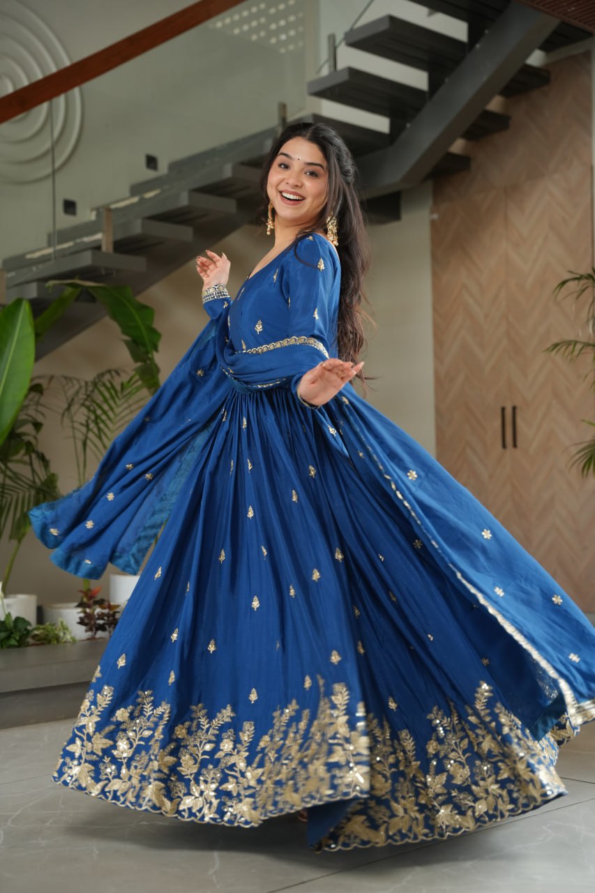 Ravishing Blue Chinnon Zari  Designer Gown