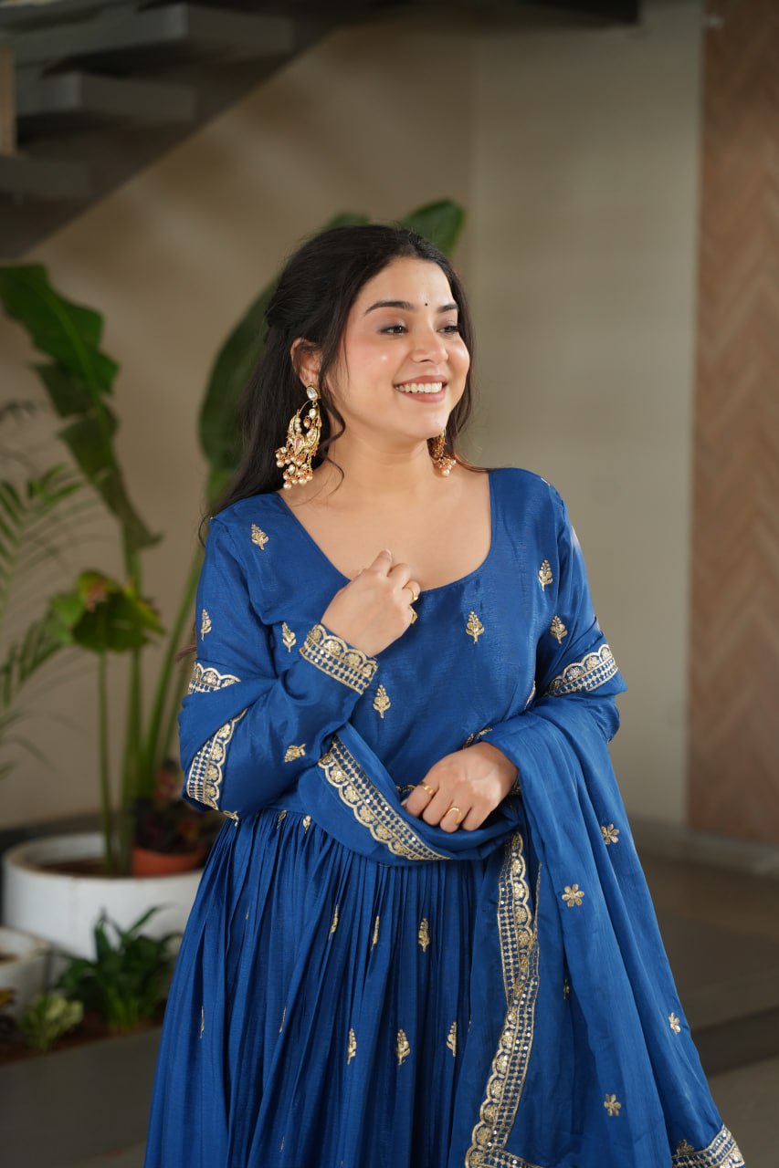 Ravishing Blue Chinnon Zari  Designer Gown