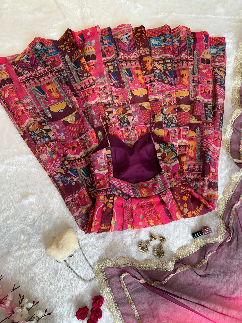 Printed Organza Silk Multi Pink Color Anarkali Suit