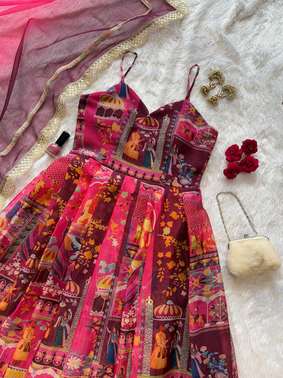 Printed Organza Silk Multi Pink Color Anarkali Suit