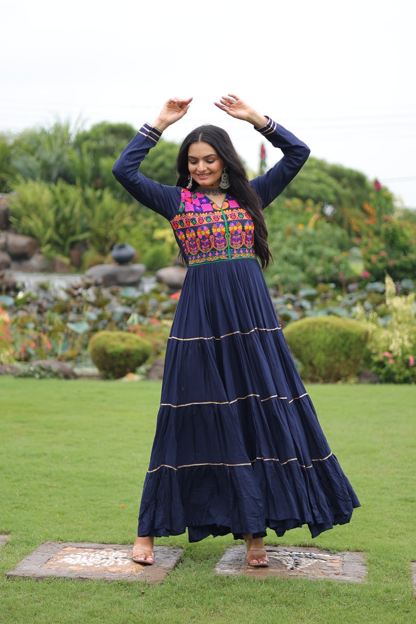 Daisy Navy Blue Reyon Embroidered Gown