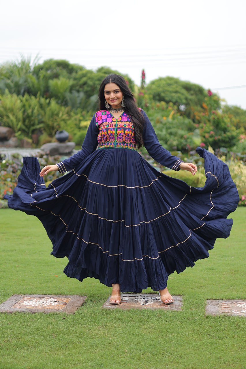 Daisy Navy Blue Reyon Embroidered Gown