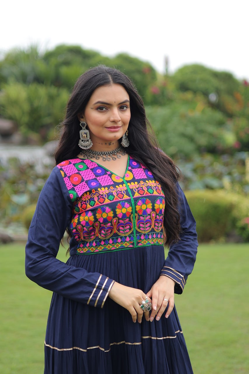 Daisy Navy Blue Reyon Embroidered Gown