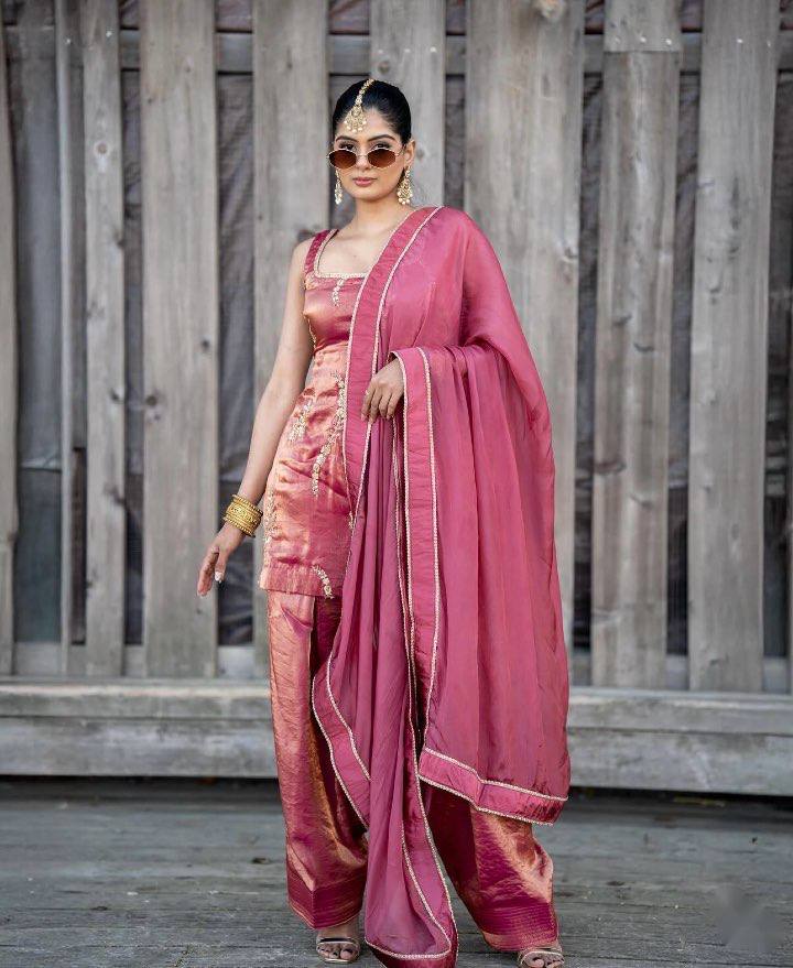 Attractive Pink Fendy Silk Sequence Work Farshi Suit