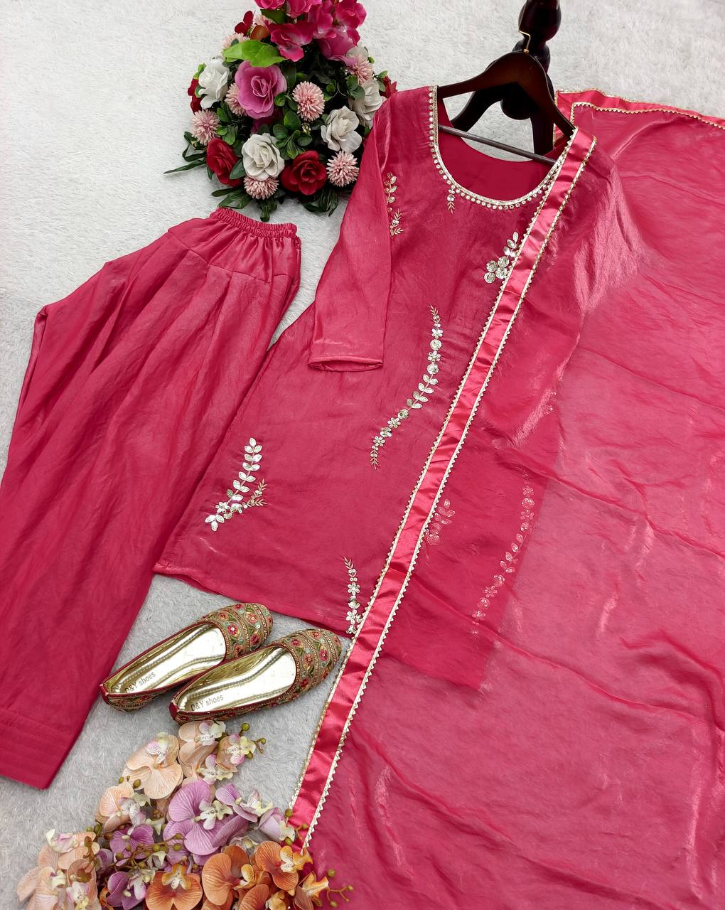 Attractive Pink Fendy Silk Sequence Work Farshi Suit