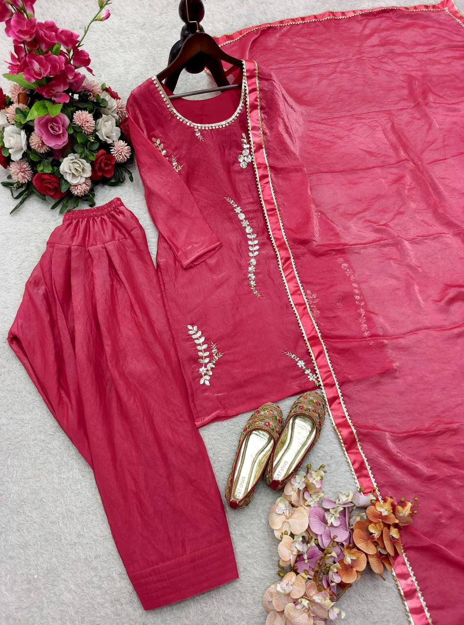 Attractive Pink Fendy Silk Sequence Work Farshi Suit