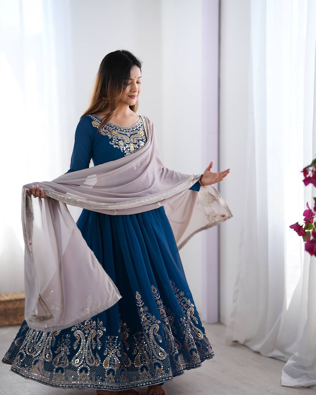 Imposing Teal Blue Color Gown With White Dupatta