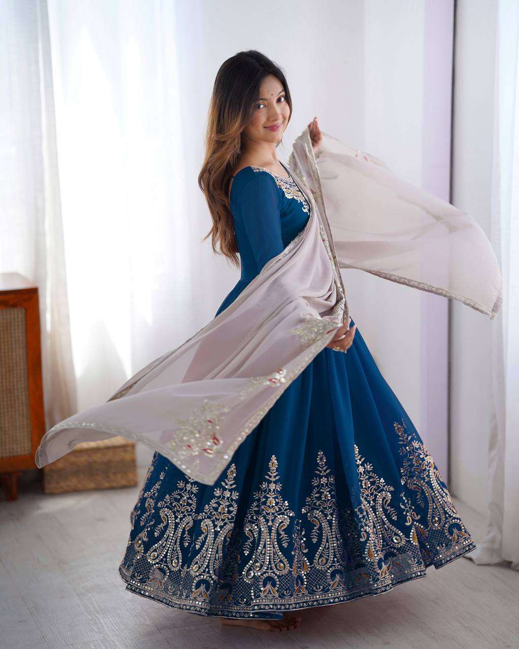 Imposing Teal Blue Color Gown With White Dupatta