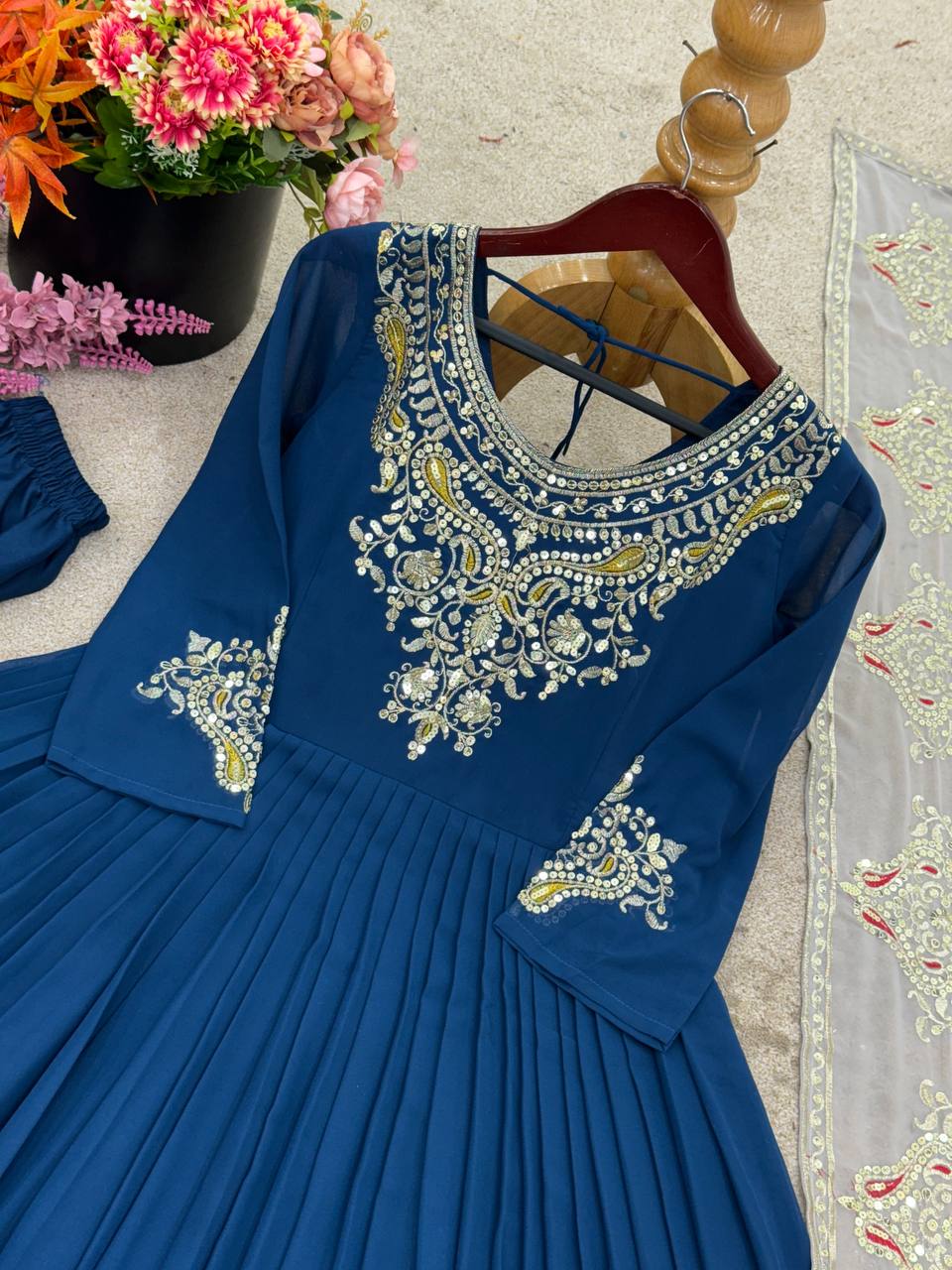 Imposing Teal Blue Color Gown With White Dupatta