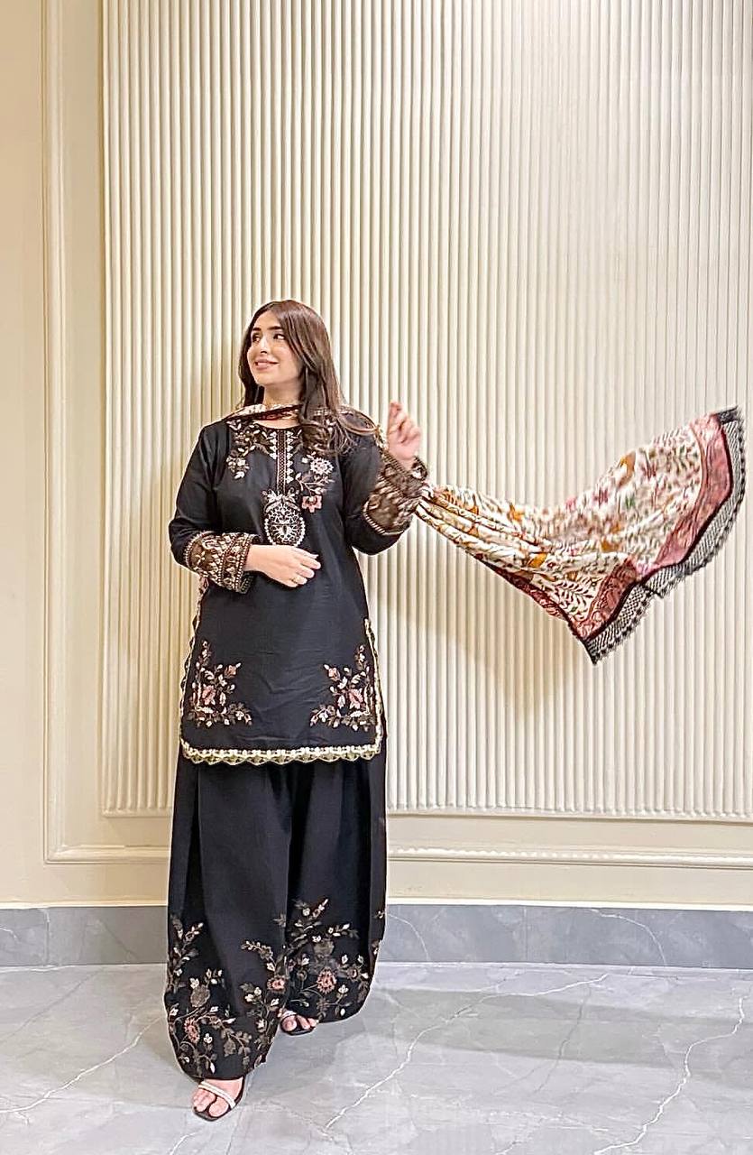 Stylish Black Cotton Embroidery Work Suit Set