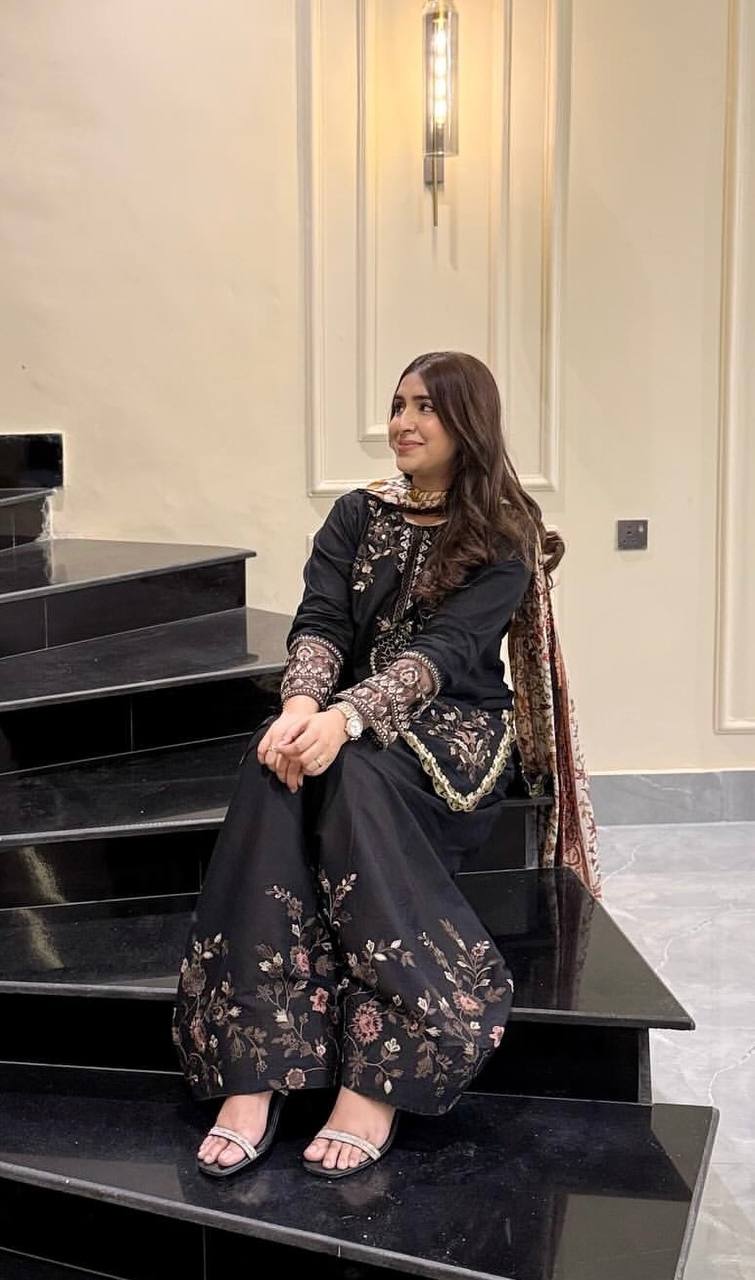 Stylish Black Cotton Embroidery Work Suit Set