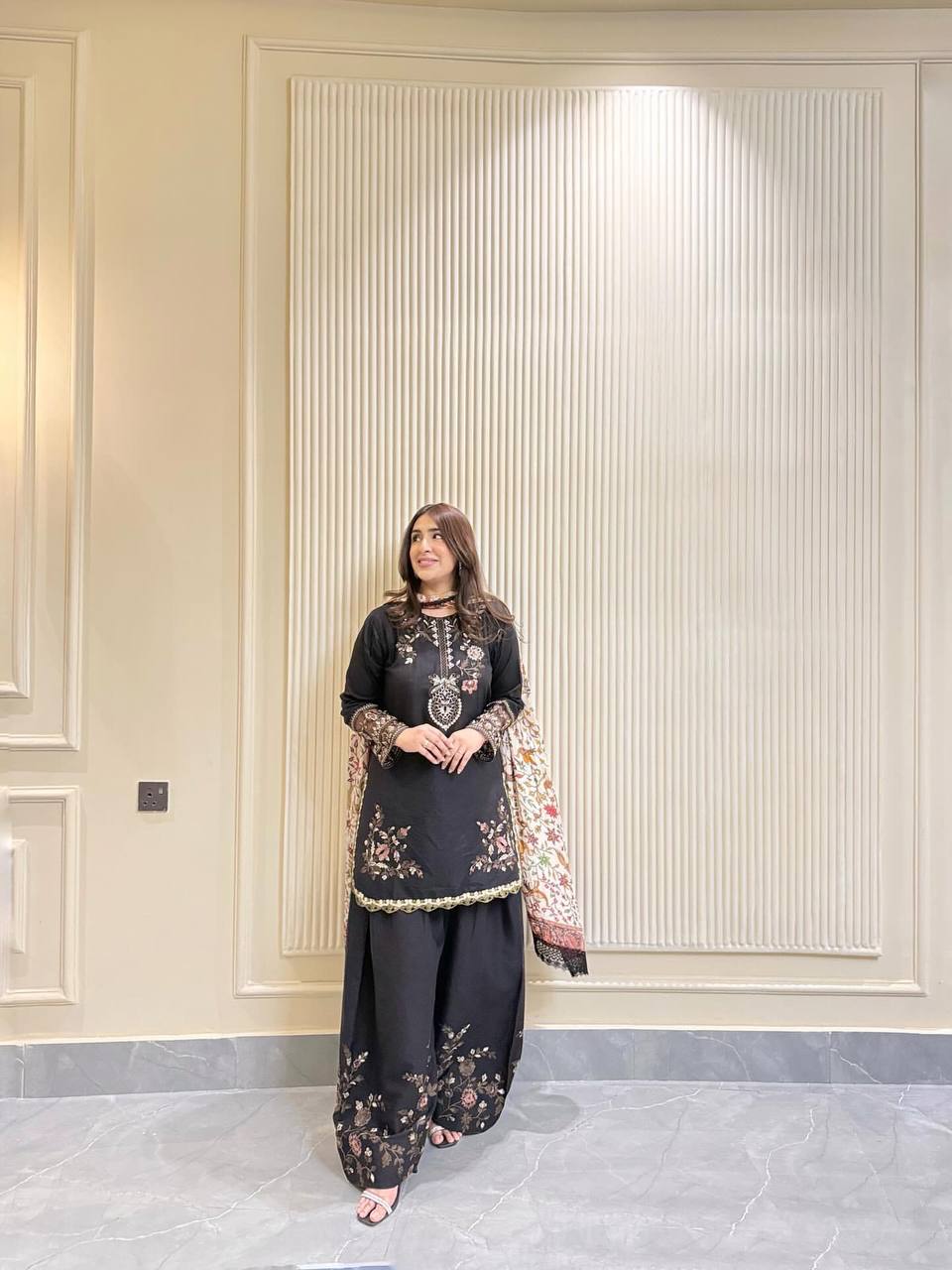 Stylish Black Cotton Embroidery Work Suit Set