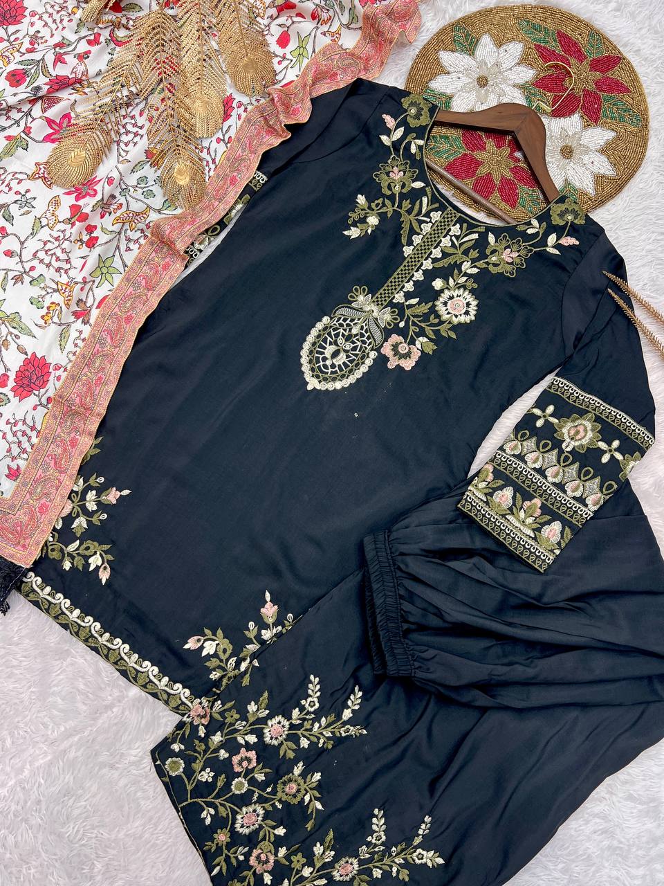 Stylish Black Cotton Embroidery Work Suit Set