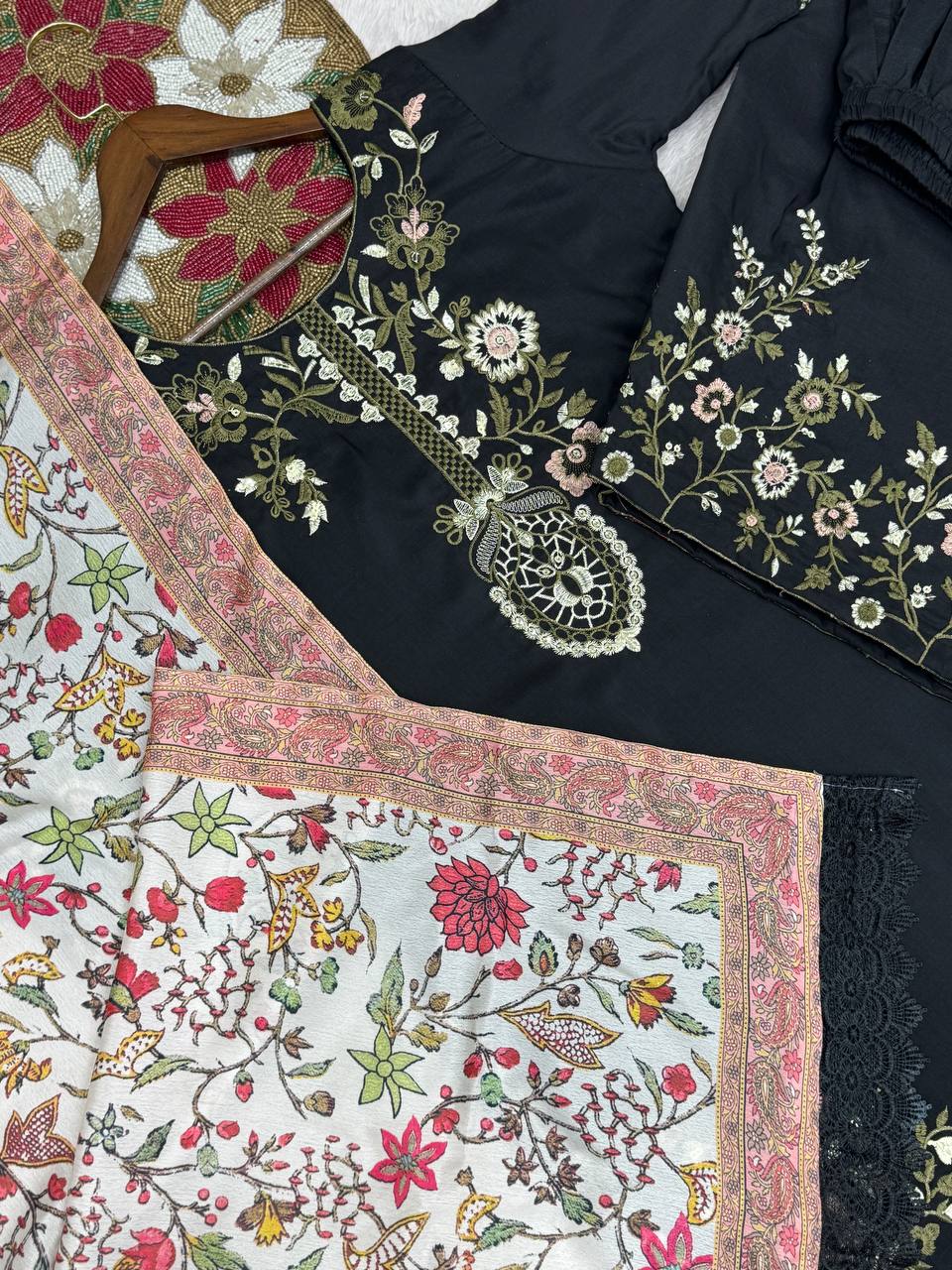 Stylish Black Cotton Embroidery Work Suit Set