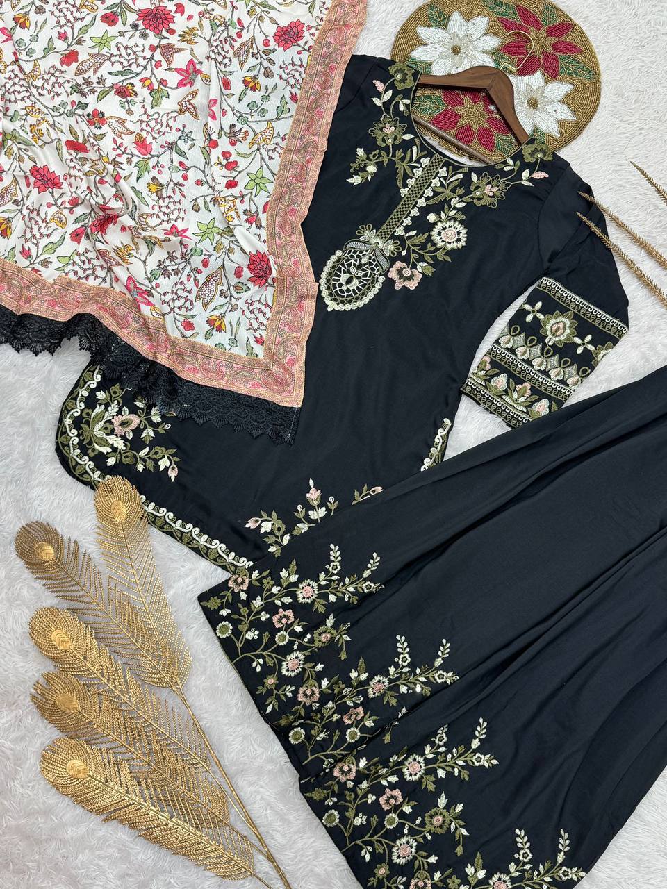 Stylish Black Cotton Embroidery Work Suit Set