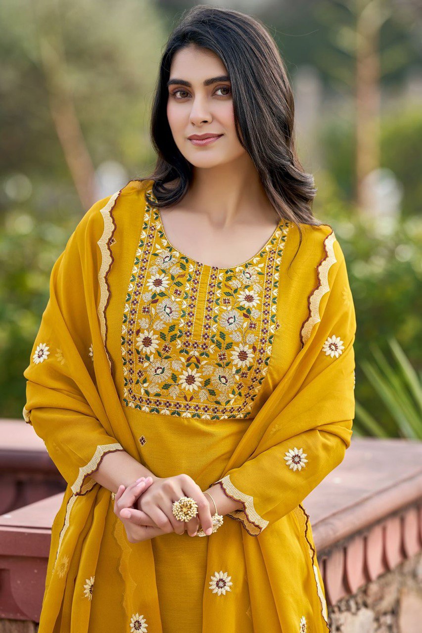 Gorgeous Teal Blue Reyon Embroidery Suit