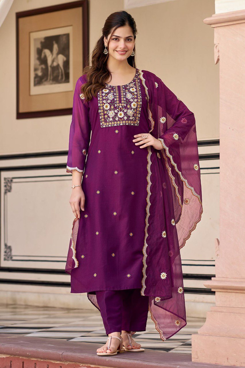 Gorgeous Teal Blue Reyon Embroidery Suit